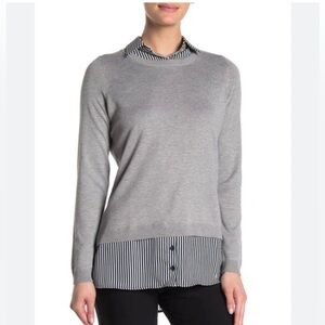 Adrianna Papell Twofer Collared Grey Sweater Blue White Striped Mixed Media S